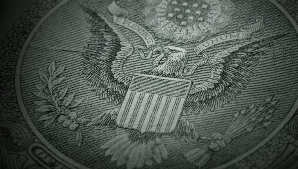 Macro shot of the Great Seal of the U.S. on the back of the one dollar bill