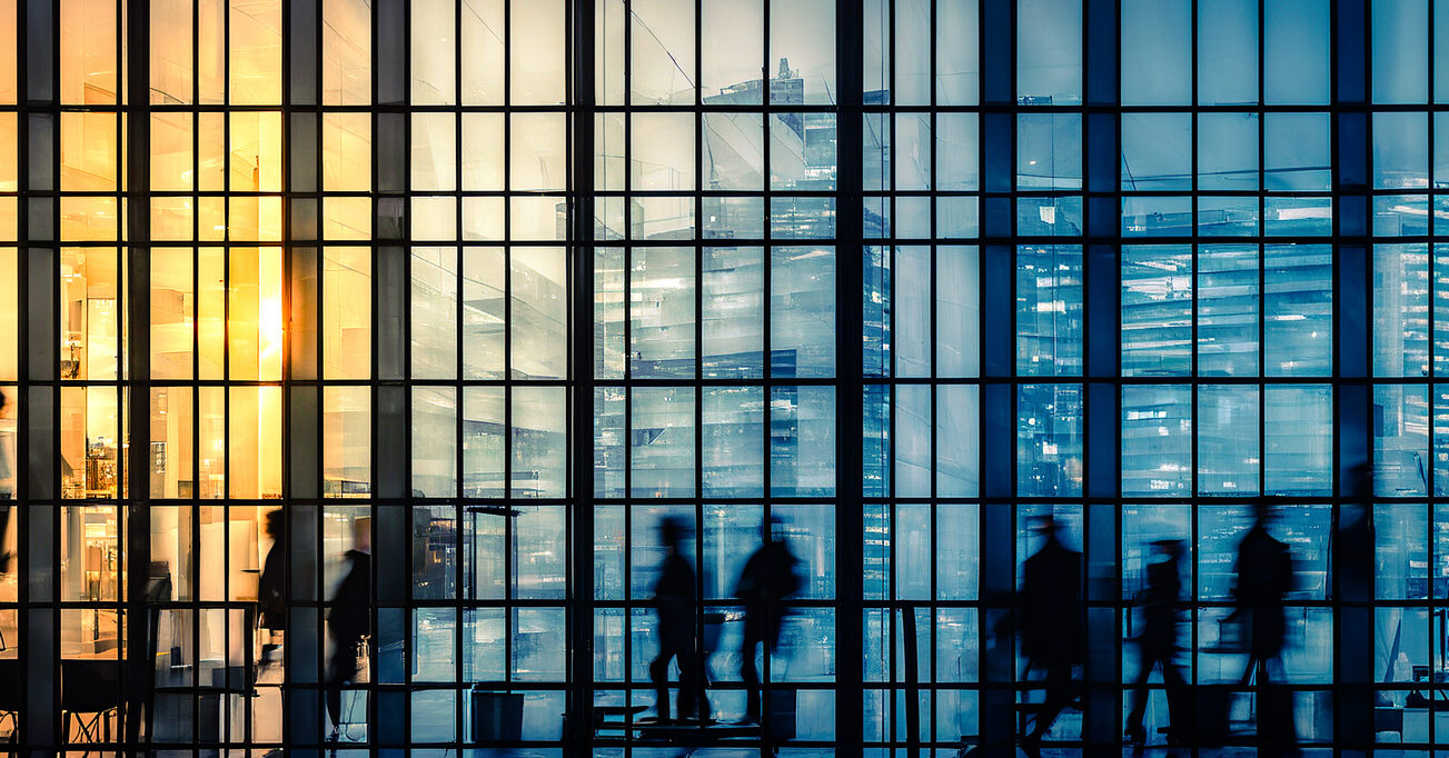 People Work At Office. Buildings Windows With Employees Working Inside. Business, Corporate Concept.